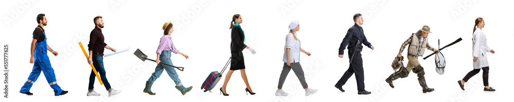 Set of different people of different professions walking in a line over white background. Mechanic, architect, gardener, stewardess, chef, policeman, fisherman, vet Set of different people of different professions walking in a line over white background. Mechanic, architect, gardener, stewardess, chef, policeman, fisherman, vet