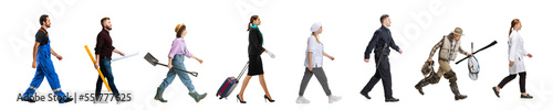 Set of different people of different professions walking in a line over white background. Mechanic, architect, gardener, stewardess, chef, policeman, fisherman, vet photo