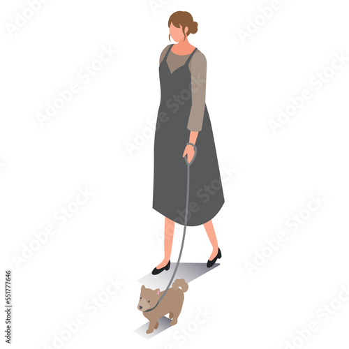 アイソメトリック_犬の散歩をする女性