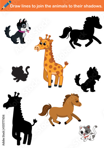 Draw lines to join the animals to their shadows. Educational vector illustration for children. 