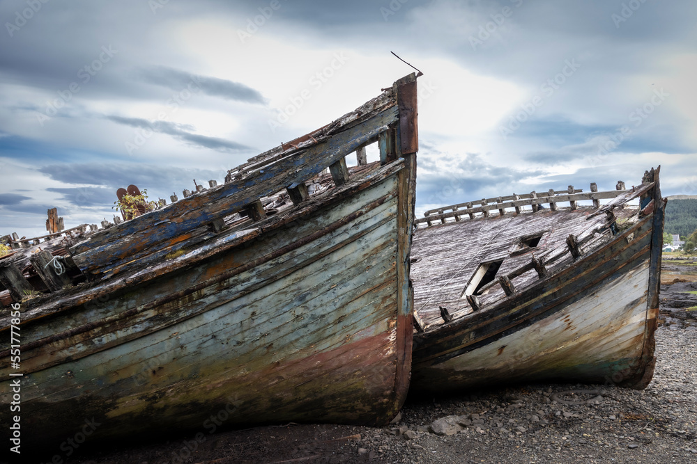 Derelict boat wrecks on the Isle of Mull, Scotland Derelict boat wrecks on the Isle of Mull, Scotland