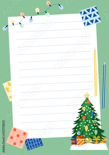 Printable letter template for kids. Christmas background with a place for Christmas gifts for wishlist. layout in A4 size. Letter to Santa Claus template. Vector illustration. 