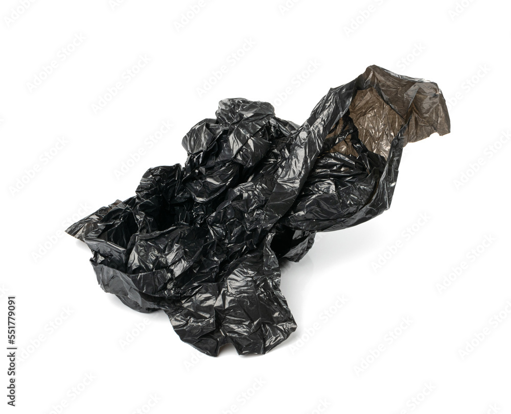 Crumpled Garbage Bag Isolated. Wrinkled Trash Package, Used Plastic Bin Bags, Black Polyethylene Waste Container