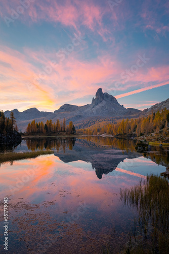 Federa lake during sunrise  with autumnal colors. Federa Lake  Cortina d Ampezzo  Belluno province  Veneto  Italy