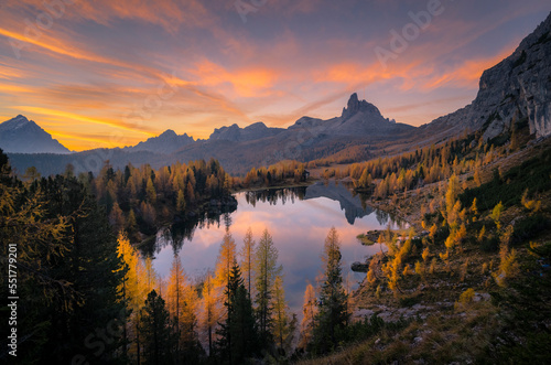 Federa lake during sunrise, with autumnal colors. Federa Lake, Cortina d'Ampezzo, Belluno province, Veneto, Italy