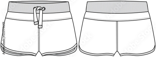drawstring waist curved hem short pant flat technical cad drawing vector template
