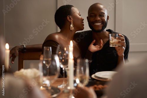 Sticker Love, happy or black couple in restaurant, party or dinner celebration bonding for New years, birthday or anniversary date