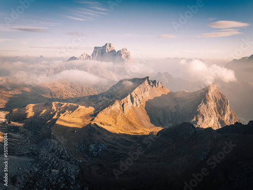 Aerial view of Pelmo mountain from Giau pass, Cortina d'Ampezzo, Belluno province, Veneto, Italy.