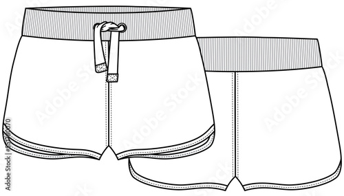 curved hem shorts flat sketch vector illustration front and back technical cad drawing template