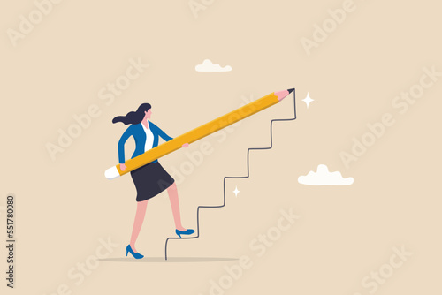 Create stair to success, growth or growing career path, planning for self improvement or leadership motivation, self made success concept, confidence businesswoman draw stair to climb up for success. photo
