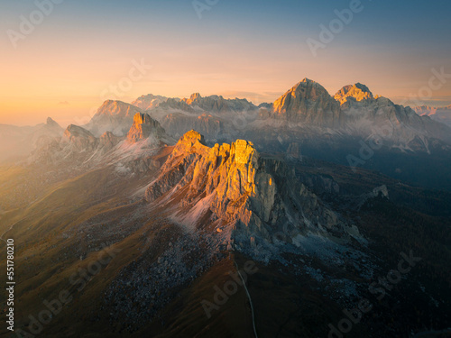 Aerial view of Ra Gusela mountain from Giau pass, Cortina d'Ampezzo, Belluno province, Veneto, Italy. © stefanotermanini