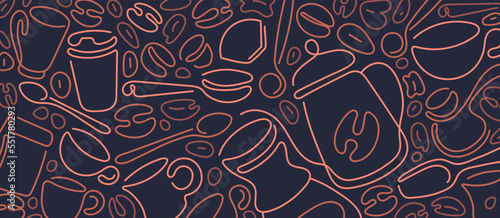 Coffee line background. Abstract graphic cup, bean