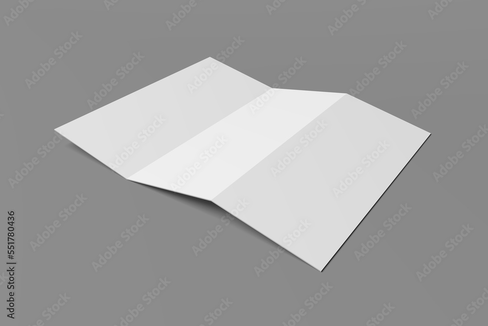 3D realistically rendered tri-fold brochure mockup drawing. Brochure mockup standing on isolated gray background. 3D realistically rendered tri-fold brochure mockup drawing. Brochure mockup standing on isolated gray background.