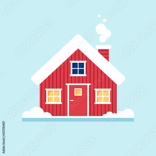 Vector illustration of wooden red house in cartoon flat style.