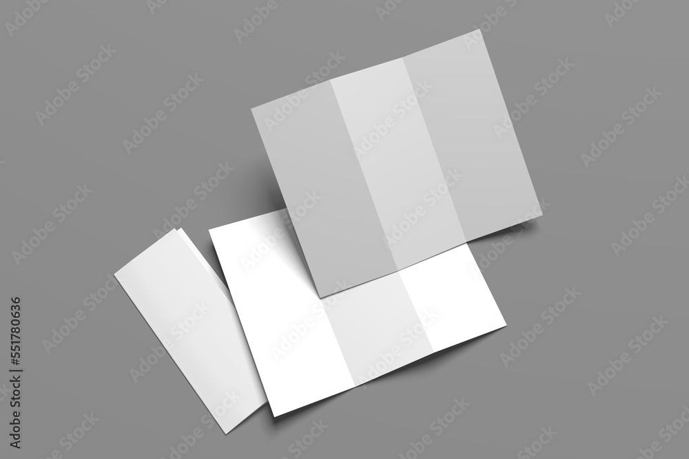 3D realistically rendered tri-fold brochure mockup drawing. Three brochure mockups standing on isolated gray background. 3D realistically rendered tri-fold brochure mockup drawing. Three brochure mockups standing on isolated gray background.