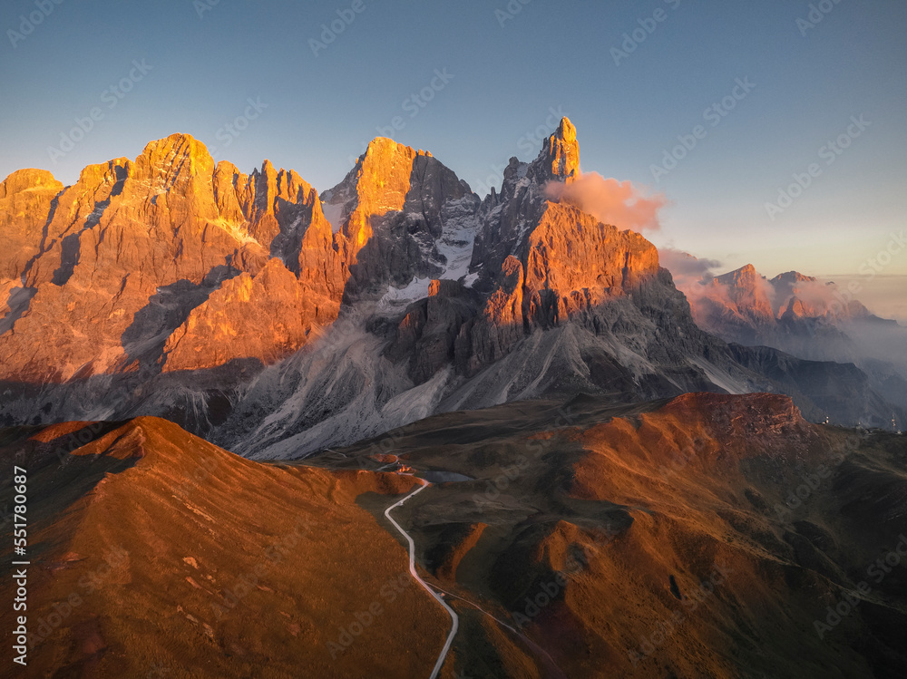 Pale di San Martino mountains during sunset. Aerial view. Rolle Pass, Trento Province, South Tyrol, Italy.