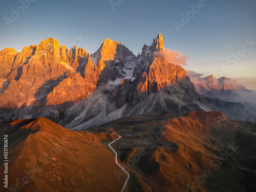 Pale di San Martino mountains during sunset. Aerial view. Rolle Pass  Trento Province  South Tyrol  Italy.