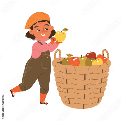 Little Girl in Rubber Boots Harvesting Gathering Ripe Apple Fruits in Wicker Basket in the Garden Vector Illustration