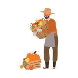 Happy Bearded Man Character Harvesting Holding Wicker Basket with Ripe Apple Fruit as Agricultural Crops Vector Illustration