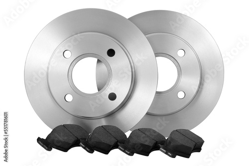 Isolated brake discs. and disc brake pads. Car parts on white background with clipping path.