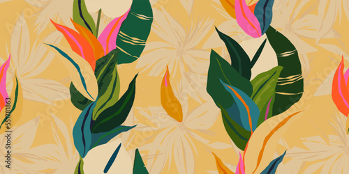 Modern exotic botanical pattern. Collage contemporary seamless pattern. Hand drawn cartoon style pattern.