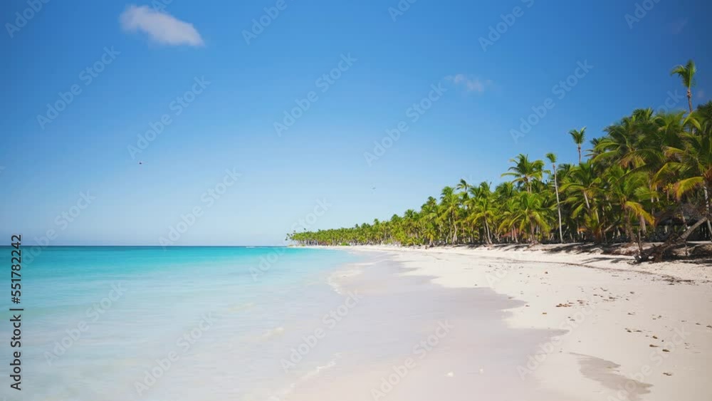 Transparent waves of blue sea on white sand of tropical beach. Coconut palms along the coastline of the Indian Ocean. Bright blue sky over the blue sea on a sunny summer day. Beautiful seascape. Transparent waves of blue sea on white sand of tropical beach. Coconut palms along the coastline of the Indian Ocean. Bright blue sky over the blue sea on a sunny summer day. Beautiful seascape.