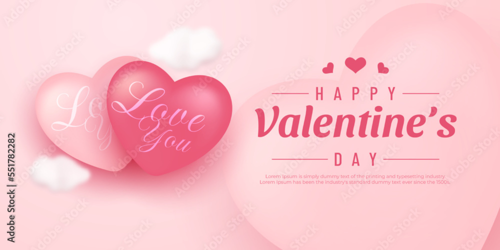 Happy Valentine's Day Poster or banner with symbol of heart on pink background