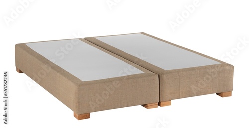 wooden box isolated on white , boxspring natural fabric , with wood legs.