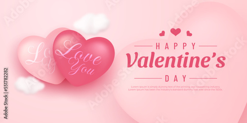 Happy Valentine's Day Poster or banner with symbol of heart on pink background