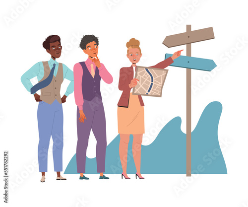 Woman Leader Leading Team to Future Directing and Navigating with Map Vector Illustration