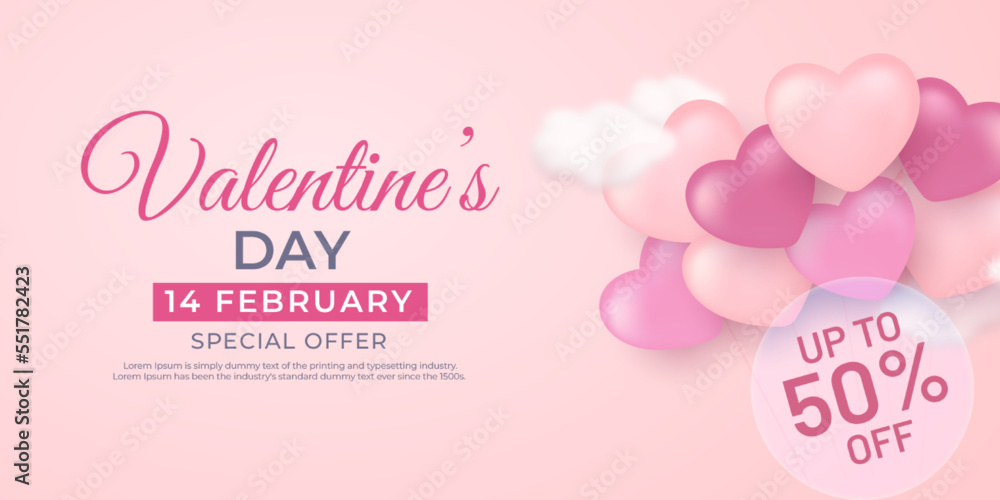 Valentine's Day Sale banner for social media website with sweet hearts balloons