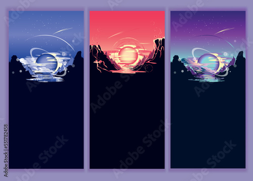 Futuristic space landscape with planet, mountains, saturn and clouds. Set of vertical vector illustrations of a fantastic landscape at night.