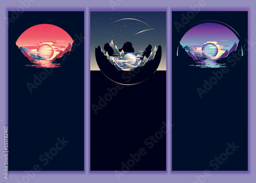 Futuristic space landscape with planet, mountains, saturn and clouds. Set of vertical vector illustrations of a fantastic landscape at night.