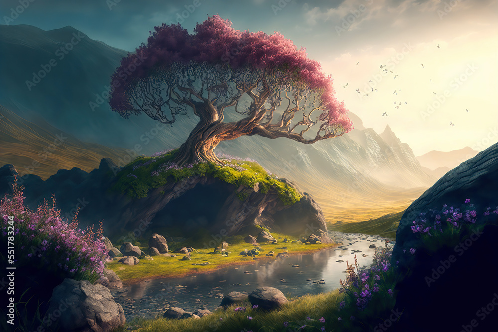 Fototapeta premium Generative AI : A flowering tree growing on a large rock in a forest