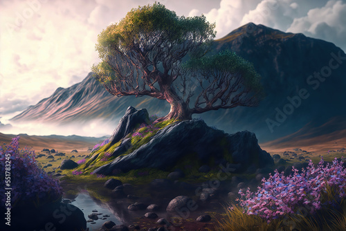 Generative AI : A flowering tree growing on a large rock in a forest  © Amith