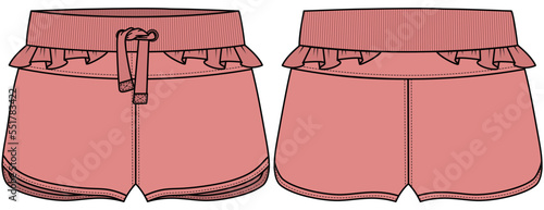 womens drawstring waist curved hem short pant with frill details flat sketch vector illustration front and back technical cad drawing template
