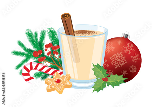 Eggnog drink and christmas decorations still life vector. Glass of eggnog with cinnamon drawing. Christmas festive drink and food group of object isolated on a white background