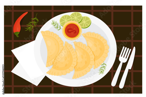 Mexican Empanadas on plate with sauce, lime slices and chili peppers. Serving dishes view from above. Traditional popular mexican food. Vector illustration of Latin American national dish.