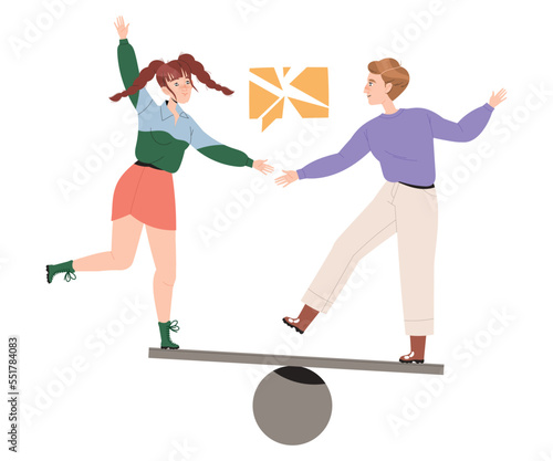 Man and Woman Characters Balancing on Ball Having Connections with Each Other Engaged in Social Interaction Vector Illustration
