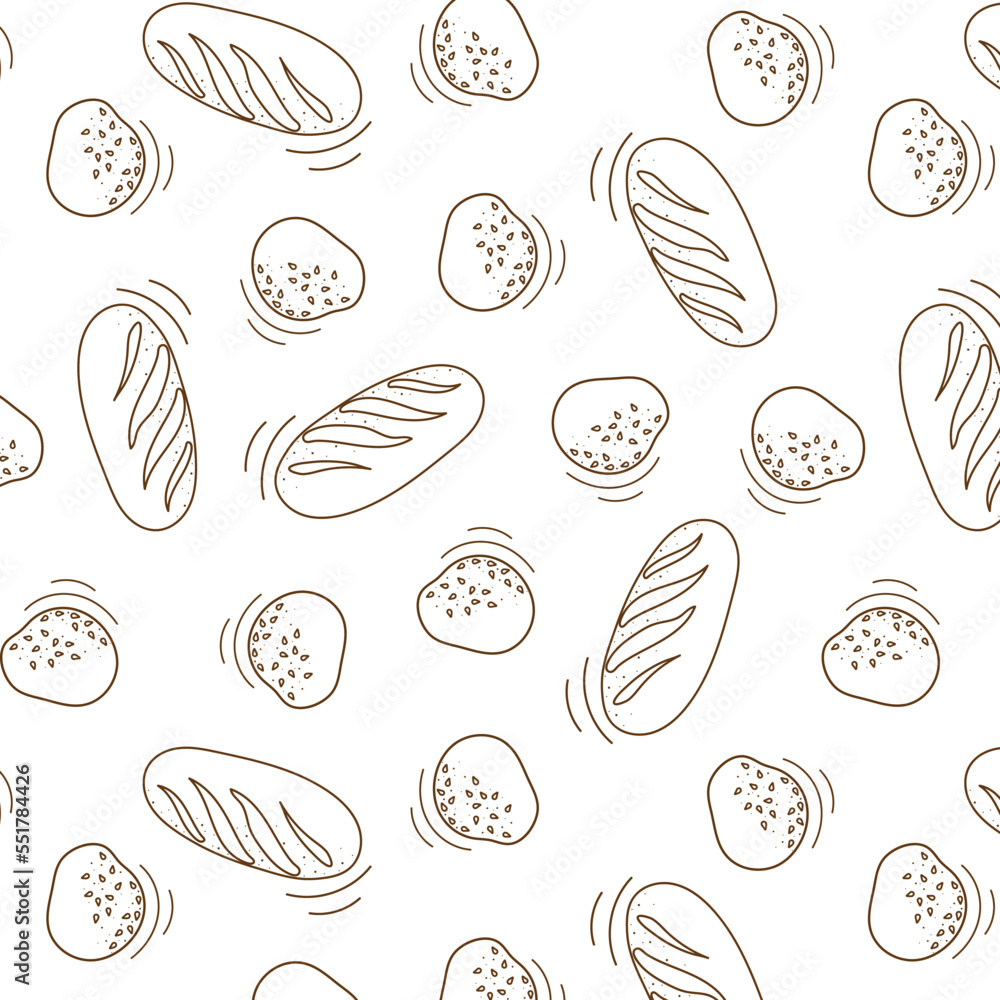 doodle pattern, background with buns, bun, loaves for a coffee shop, bakery, pastry shop on white with brown lines doodle pattern, background with buns, bun, loaves for a coffee shop, bakery, pastry shop on white with brown lines