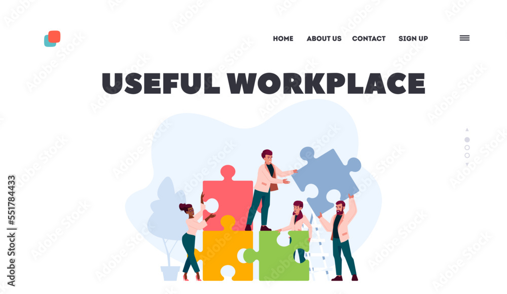 Office Employees Cooperation, Joint Work, Partnership Landing Page Template. People Group Set Up Huge Colorful Puzzle