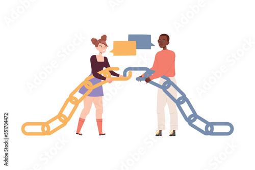 Man and Woman Characters Joining Chain Part Having Connections with Each Other Engaged in Social Interaction Vector Illustration