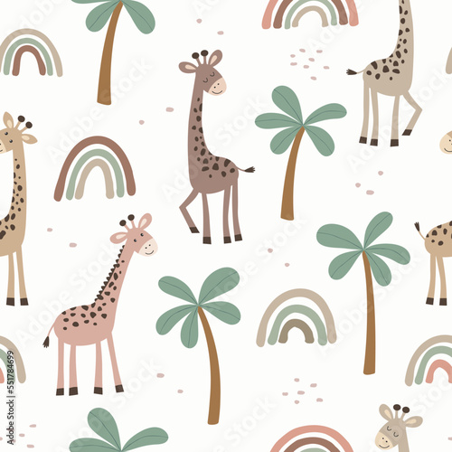 Seamless pattern with giraffe and palm. Vector illustration.