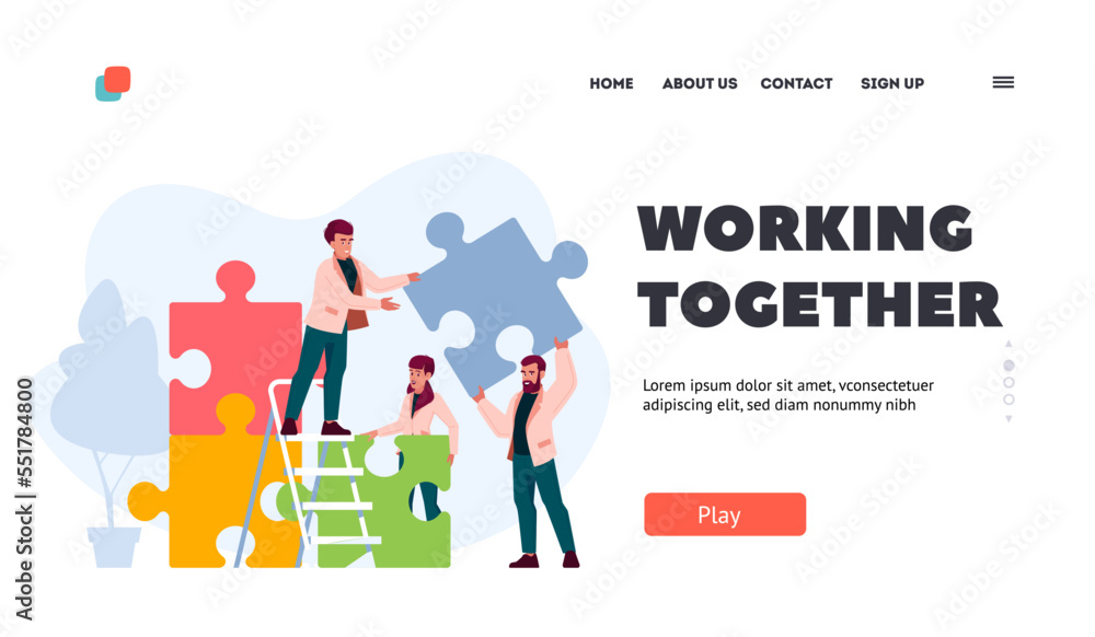 People Group Working Together Landing Page Template. Businesspeople Teamwork, Office Employees Set Up Puzzle Pieces