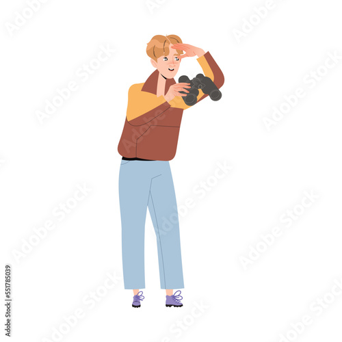 Young Man Looking at Something Interesting with Binoculars Vector Illustration