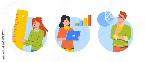 Business Characters with Ruler, Tablet Pc and Column Diagrams Isolated Round Icons or Avatars. Benchmarking
