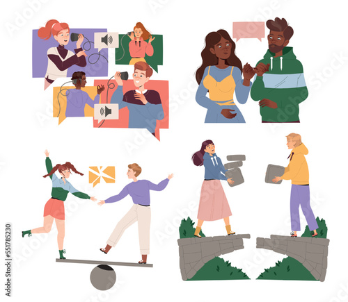 People Characters Having Connections with Each Other Engaged in Social Interaction Vector Set