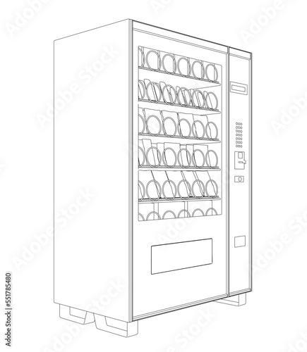 Outline of a vending snack machine from black lines isolated on a white background. Side view. 3D. Vector illustration.