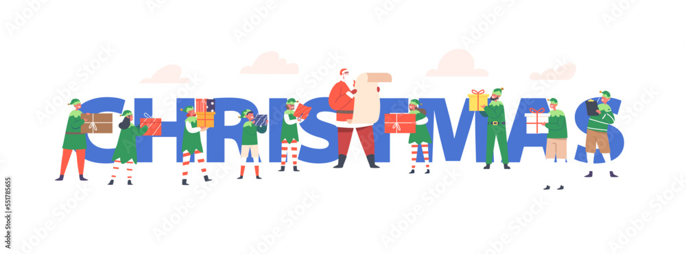 Merry Christmas And Happy New Year Concept. Santa Claus Reading List with Kids Wishes, Elves Prepare Presents and Gift Merry Christmas And Happy New Year Concept. Santa Claus Reading List with Kids Wishes, Elves Prepare Presents and Gift