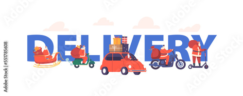Santa Deliver Gifts on Different Transport Concept. Noel Character Driving by Scooter, Bike, Car and Sled with Presents